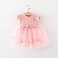 New summer style girls' striped mesh skirt with bow and flying sleeves on the waist  Pink
