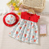 Novo vestido floral patchwork para meninas de verão com chapéu  Vermelho