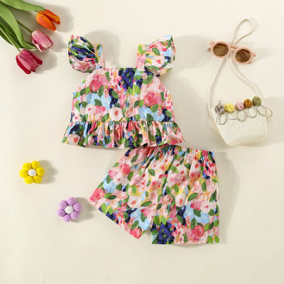 Summer new girls printed flying sleeve suspender top shorts two-piece set