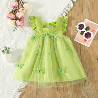 Vestido de princesa de malla de mariposa de color sólido con manga voladora para niña  Verde