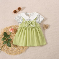 Summer Korean style girls' bow printed lapel patchwork short-sleeved skirt  Green