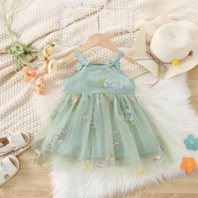 Vestido de malla con tirantes de flores bordado con lazo para niñas, nuevo estilo de verano