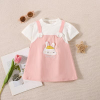 Girls summer new cartoon rabbit patchwork short-sleeved overalls skirt  Pink