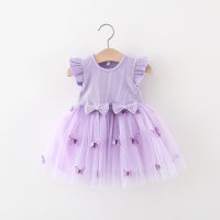 New summer girls waist bow flying sleeves striped mesh skirt  Purple