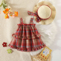 Summer new retro plaid suspender cake skirt comes with hat  Red