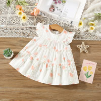 Novo vestido de verão para meninas com pequenas flores e mangas voadoras  laranja