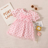 Girls' summer new style small flower puff sleeves and color matching mesh dress  Pink