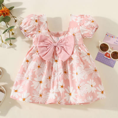 Girls' dress with sweet little chrysanthemum puff sleeves, princess dress with invisible zipper and bow at the back