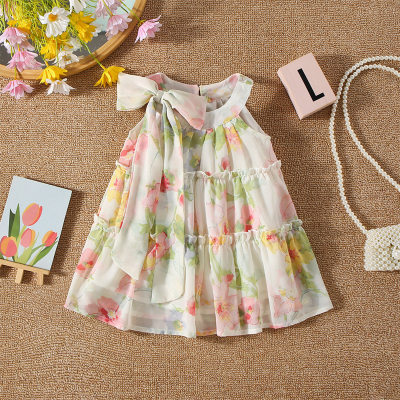 Summer new style girls princess dress bow print camisole patchwork skirt