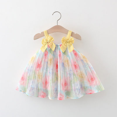 Summer new two-bow suspender rainbow flower wrinkled skirt