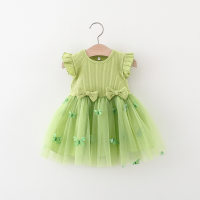 New summer style girls' striped mesh skirt with bow and flying sleeves on the waist  Green