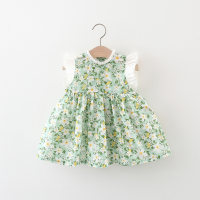 New summer bowknot small floral flying sleeve dress  Green
