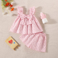 New summer colorful dotted flying sleeves bow tie two-piece suit  Pink