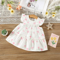 New summer girls' dress with small flowers and flying sleeves  Pink