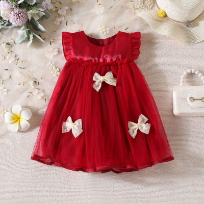 Girls spring dress thin solid color bow stitching gauze skirt