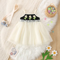 Novo vestido suspensor de malha com três flores de verão  Preto