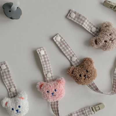 Cadena para chupete de oso de tela a cuadros, cordón para chupete de bebé, clip de cadena anticaída, cordón multifuncional
