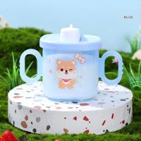 Bebé de los niños que aprende a beber taza de leche de dibujos animados lindo vaso con pajita taza de leche para bebé taza de PP de calidad alimentaria con asa  Azul