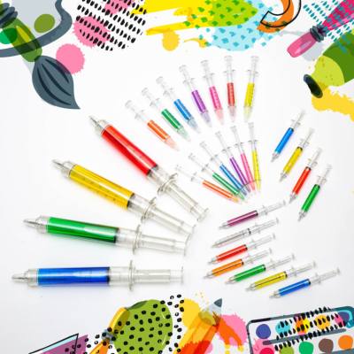 Kugelschreiber in Spritzenform, Textmarker, süßes und kreatives Briefpapier
