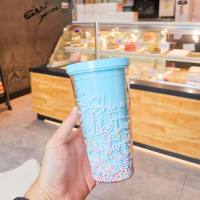 Plastic water cup fashion large capacity women's straw cup forest style double layer color beads drink cup  Blue