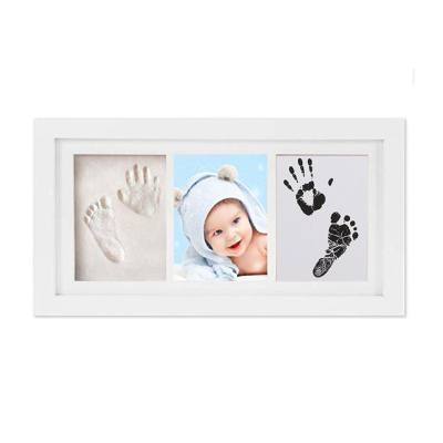 Wooden photo frame Newborn handprint memorial gift Baby hand and foot print clay photo frame