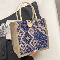 Ethnic style canvas bag for women summer new fashion outing portable linen lunch box lunch bag hand-held mommy bag  Blue