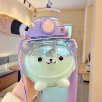 Taza de agua de dibujos animados para niños, vaso doble de panda de gran capacidad, de aspecto alto, de plástico, para sorber  Púrpura