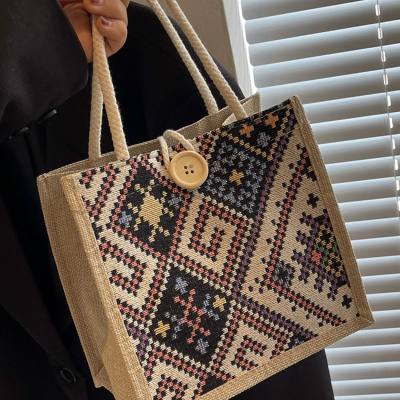 Ethnic style canvas bag for women summer new fashion outing portable linen lunch box lunch bag hand-held mommy bag