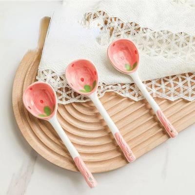 ins strawberry spoon ceramic long handle spoon high value cooking spoon household spoon girl dessert spoon