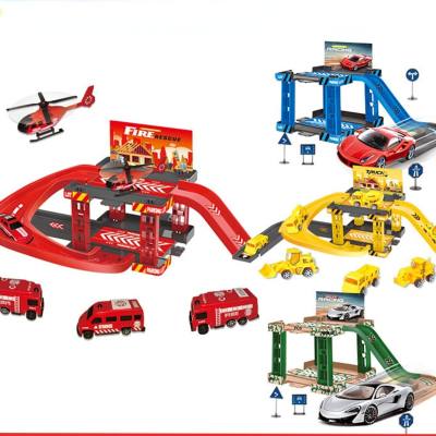 Pista de estacionamiento para niños, estacionamiento de coches de juguete, edificio, modelo militar, vehículo de ingeniería de policía de bomberos