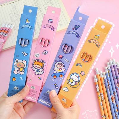 Cartoon astronaut box pencils student writing stationery sketch pen children's painting with eraser pencil 4 pack