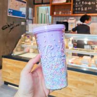 Plastic water cup fashion large capacity women's straw cup forest style double layer color beads drink cup  Purple