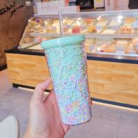 Plastic water cup fashion large capacity women's straw cup forest style double layer color beads drink cup  Green