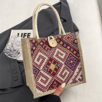 Ethnic style canvas bag for women summer new fashion outing portable linen lunch box lunch bag hand-held mommy bag  Red