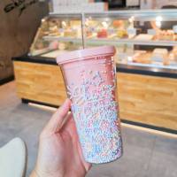 Plastic water cup fashion large capacity women's straw cup forest style double layer color beads drink cup  Pink