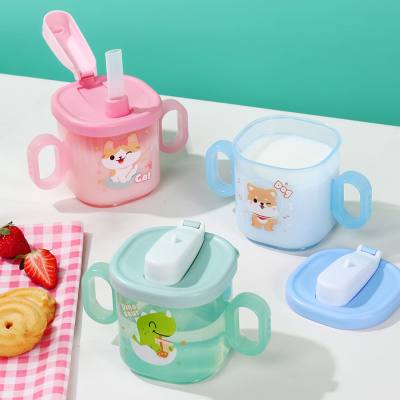 Bebé de los niños que aprende a beber taza de leche de dibujos animados lindo vaso con pajita taza de leche para bebé taza de PP de calidad alimentaria con asa