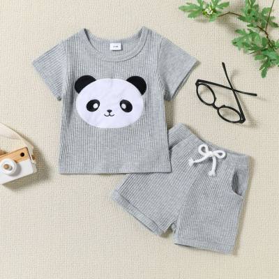 Amazon neuer Baby-Cartoon-Panda-Print, kurzärmeliges Oberteil, einfarbige Shorts, zweiteiliger Sommeranzug für Jungen