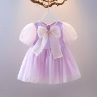 Western-style children's summer solid color Korean style dress short sleeve bow mesh girl clothes  Purple