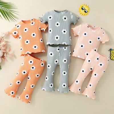 Cross-border infant and toddler girl's pure cotton striped small flower T-shirt plus elastic small flared trousers two-piece set