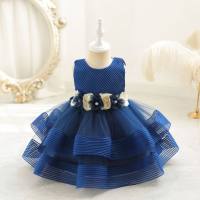 Girls one-year-old dress white puffy skirt baby princess dress European and American piano performance skirt summer kids dress  Navy Blue