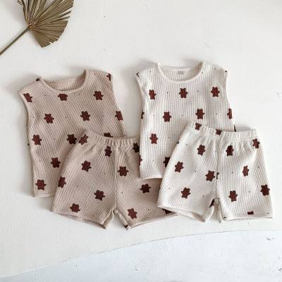 Novo verão roupas de bebê para crianças bebê urso impressão terno bebê duas peças algodão