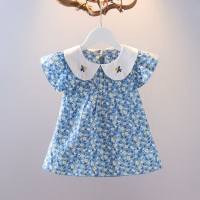 Children's clothing girls dress summer new style little girl embroidery doll collar flying sleeves princess dress  Blue