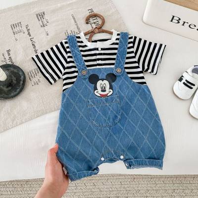 Baby striped jumpsuit children's clothing for boys and girls, super cute cartoon denim crawlers