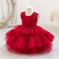 Girls mesh princess dress 1st birthday girl dress wedding flower girl dress children piano performance dress  Red