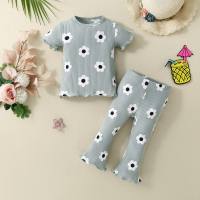 Conjunto de dos piezas de camiseta de flores pequeñas a rayas de algodón puro para bebés y niñas pequeñas transfronterizas y pantalones acampanados pequeños elásticos  Azul