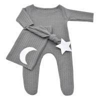 Newborn photography props costume star moon decoration knitted jumpsuit long tail hat suit photography clothes  Gray