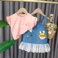 Girls short-sleeved summer clothes new style 1 year old 3 baby Korean style denim suspender skirt suit summer style three and a half years old  Pink