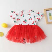 Foshan children's clothing 2022 baby summer clothing cherry print romper hundred days photo new style net sand cotton triangle crawling clothes  Red