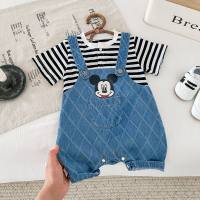 Baby striped jumpsuit children's clothing for boys and girls, super cute cartoon denim crawlers  Blue