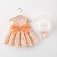 1030 Girls Dress Summer Children's Clothes Suspender Sweet Bow Floral Printed Tank Top Dress with Hat Consignment  Orange